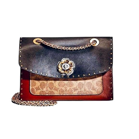 Vintage Coach Tea Rose Parker Multicolor Bag Rivets Snakeskin Detail - Picture 1 of 16